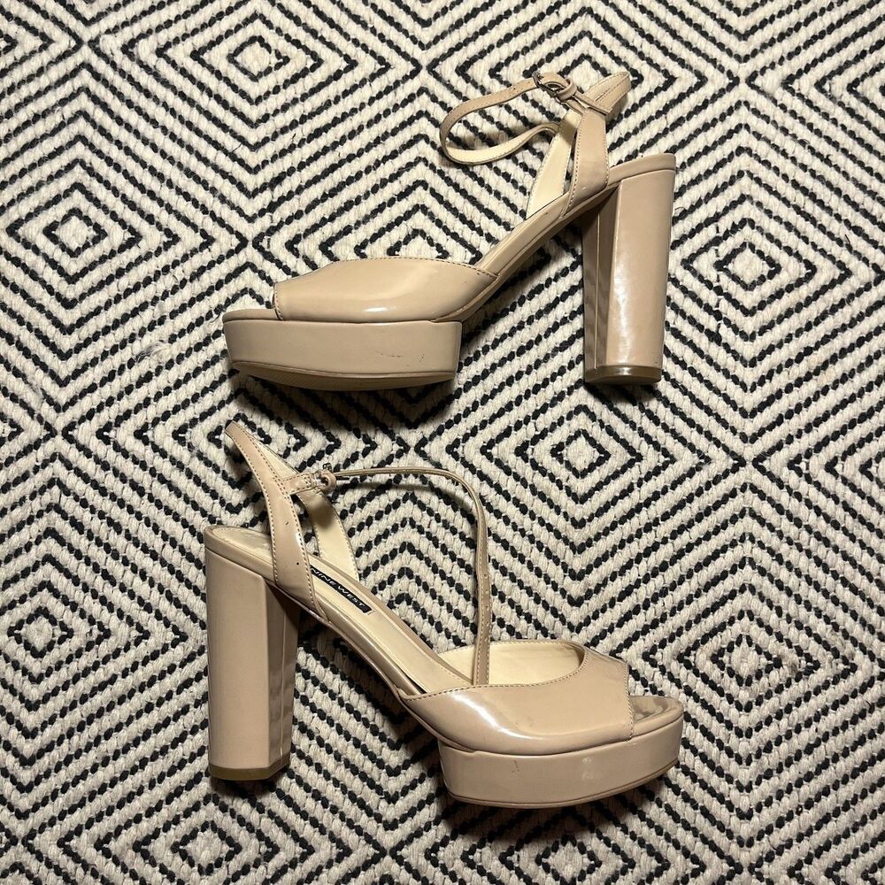 Nine West platform leather Natural Sandals Ankle Strap Block Heel 9.5